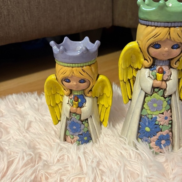 1970s Chalkware Angel Candle Holders Pair Hippie Flower Power Boho Ceramic Retro - Picture 3 of 7